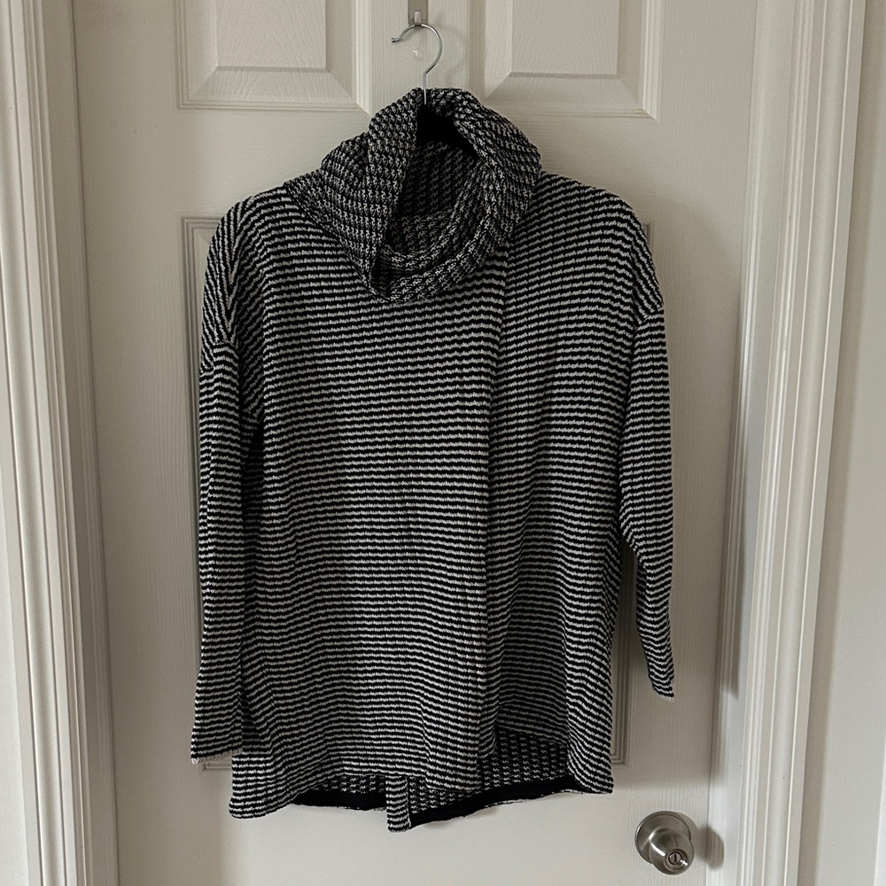 Cabi Cozy Black and White Striped Cowl Neck Sweater